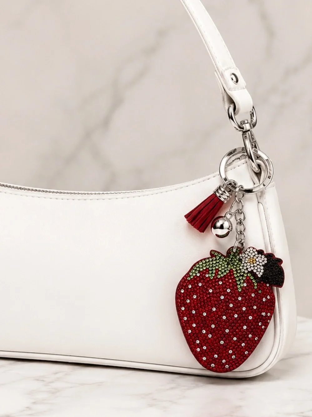 Red Strawberry Bag Charm Keychain 3D Crystal Tassel Purse Charm